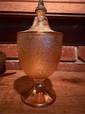 Vintage Jeanette Marigold Carnival Glass, crackle apothecary jar